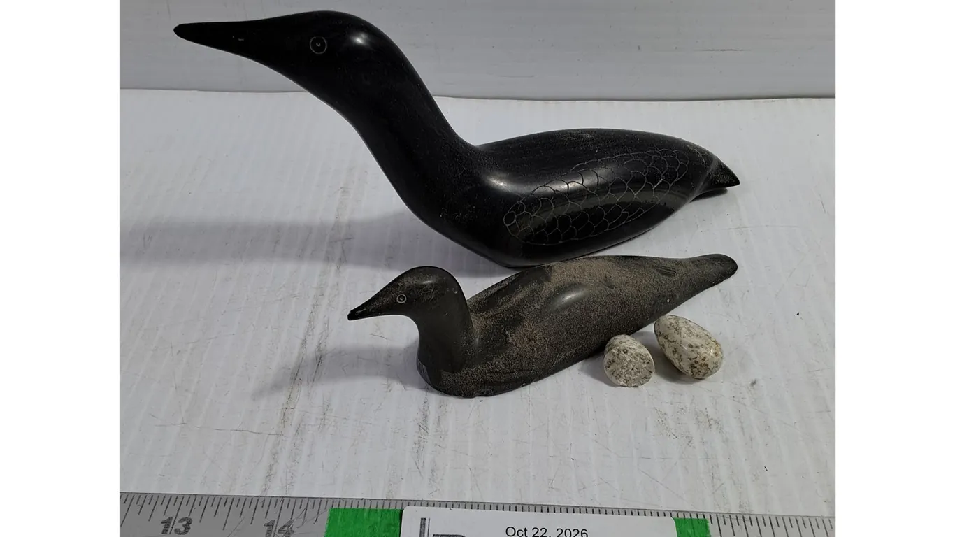 (2) Hand-Carved Black Stone Loon Sculpture