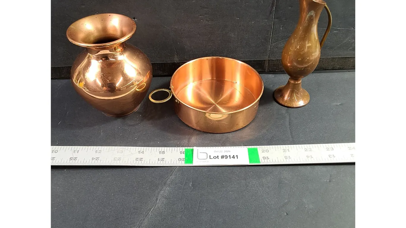 (3) Vintage Decorative Copper Pieces-Rounded Vase,Small Handled Dish,Miniature Pitcher