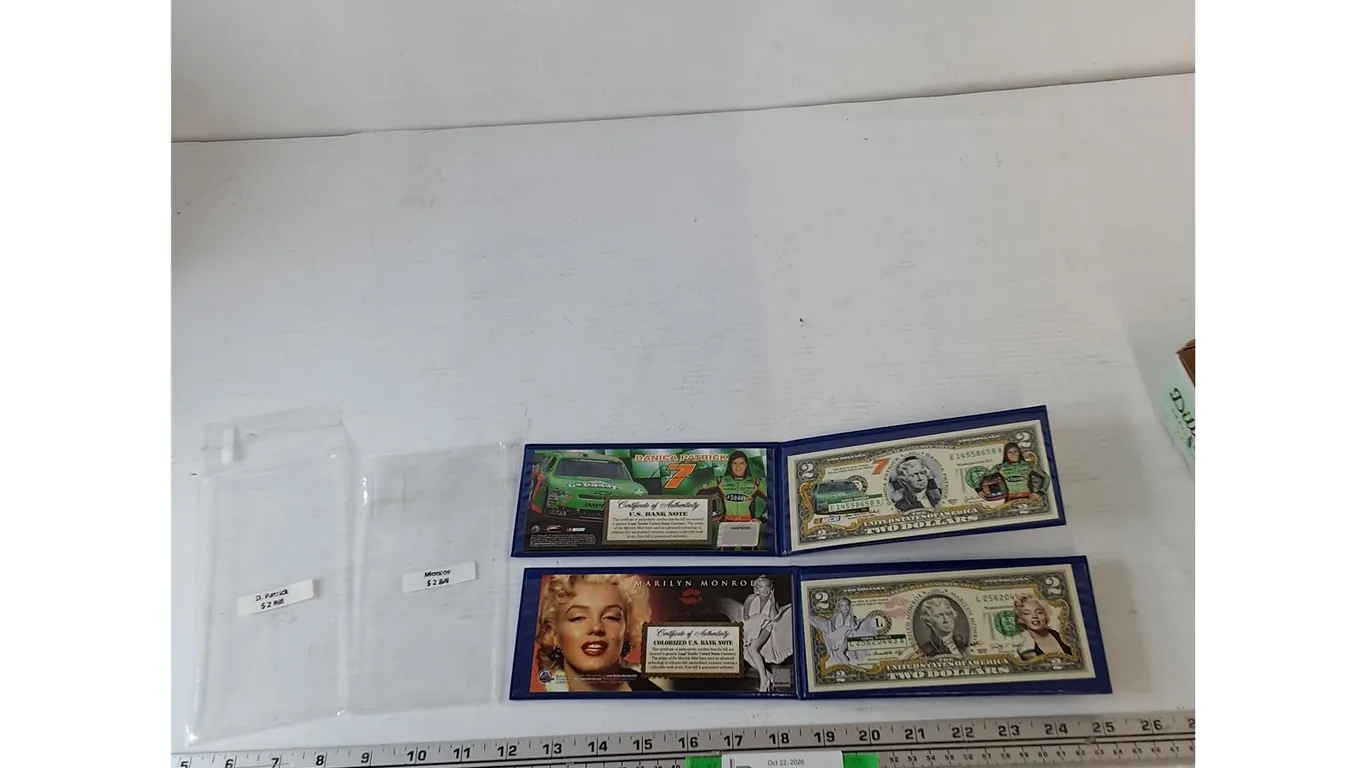 (2) Commemorative Bank Notes, Marilyn Monroe, Danica Patrick Legal Tender US 2 Dollar Bills