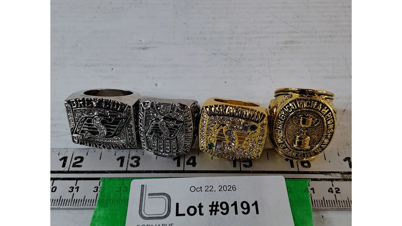 (4) Gold-Toned Replica CFL Football Roughrider Championship Rings, Sizes 11 and 10