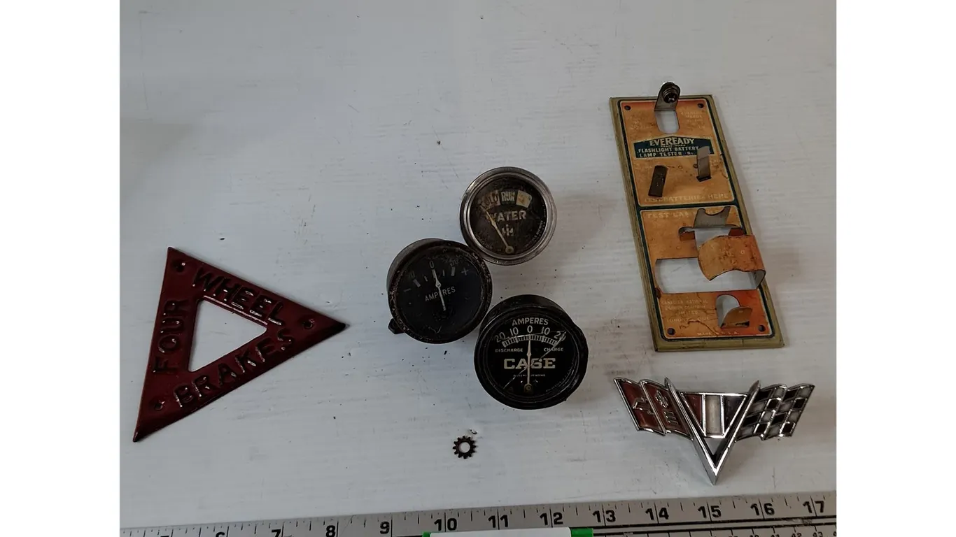 (2) Amp Gauges, (1) Water Temp Gauge, Chevrolet Flags Emblem, Four Wheel Brakes Triangle