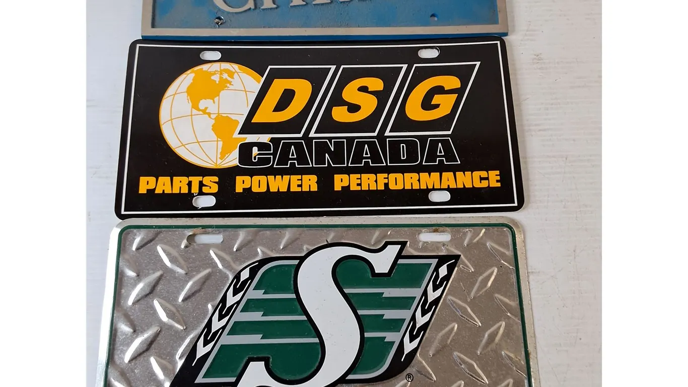 (2) License Plates- Roughriders, DSC Canada, Brett-Christa