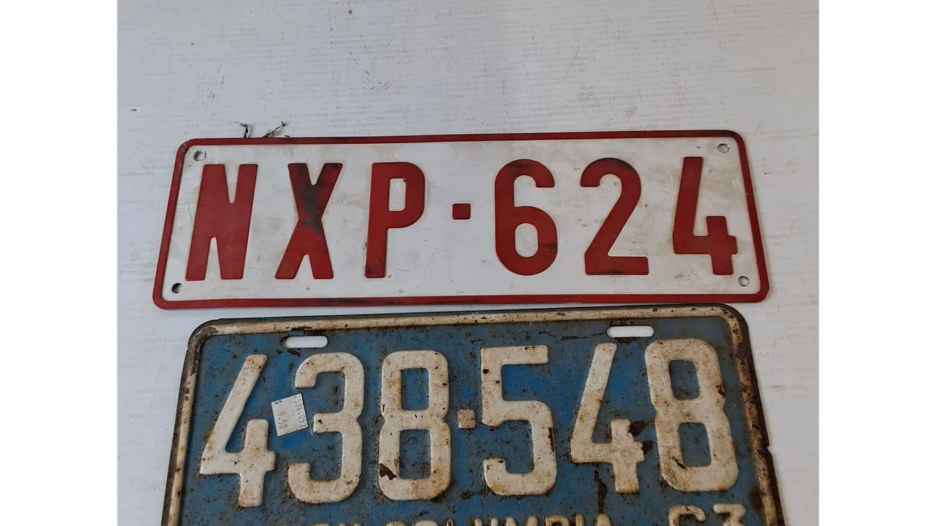 (2) License Plates- British Columbia 1963 and Red/White Sign