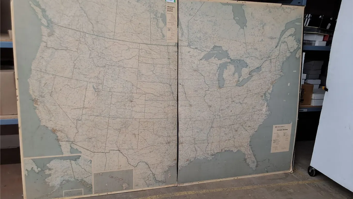 *Two-Panel Vintage Wall Map Of The United States Mounted On Wooden Frames 99"x65.5" (cannot ship)