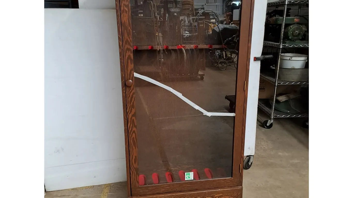 *Vintage Wooden Glass-Front Gun Cabinet 28"x12"x62" (crack in glass, cannot ship)