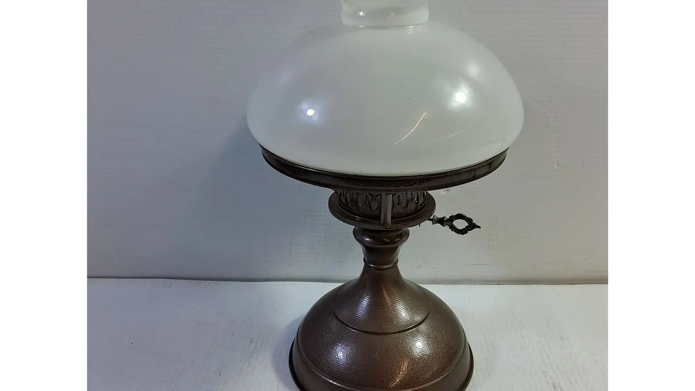 Vintage Oil Table Lamp Featuring a Bronzed or Copper Finished Metal Base,Milk Glass Globe Shade,Gla