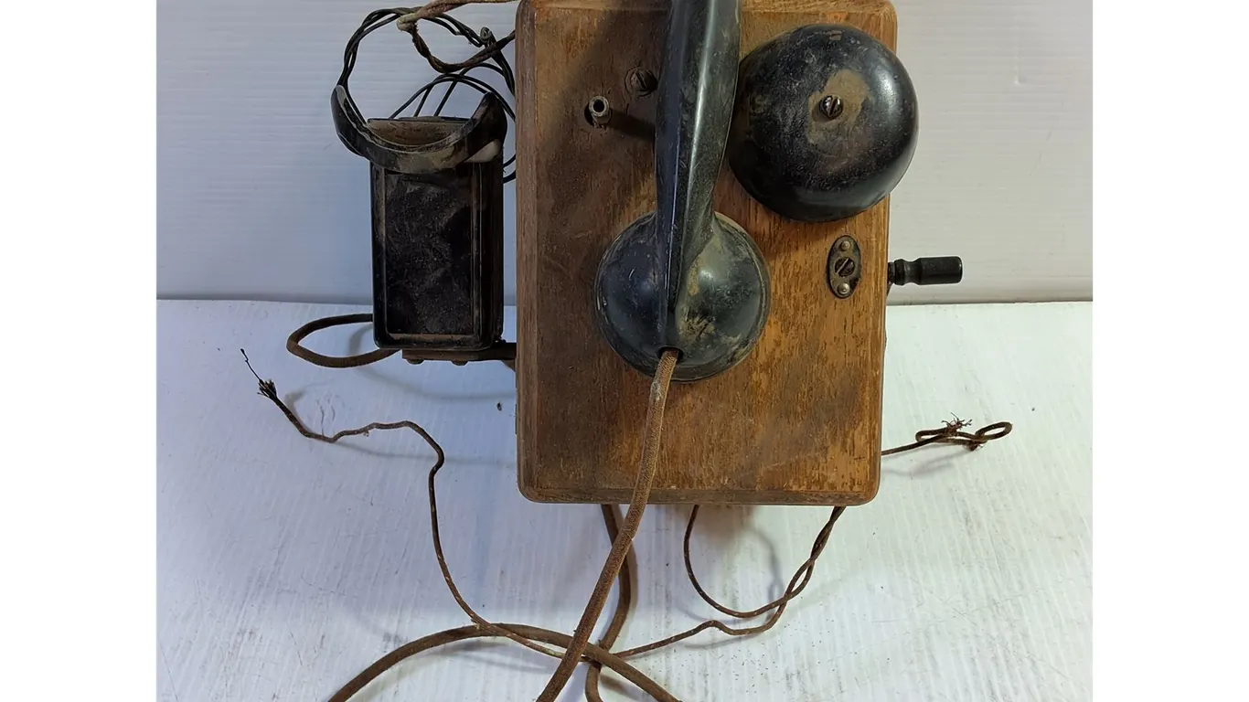Antique Wooden Crank Ringer Box with Non-Dial Desk Telephone