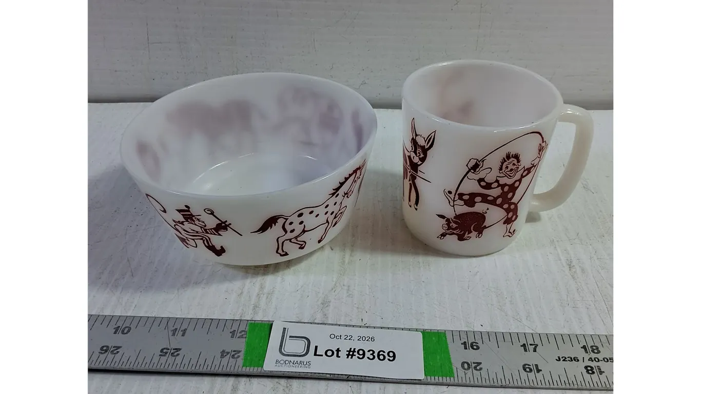 Vintage Hazel-Atlas Circus Clown Milk Glass Mug and Cereal Bowl