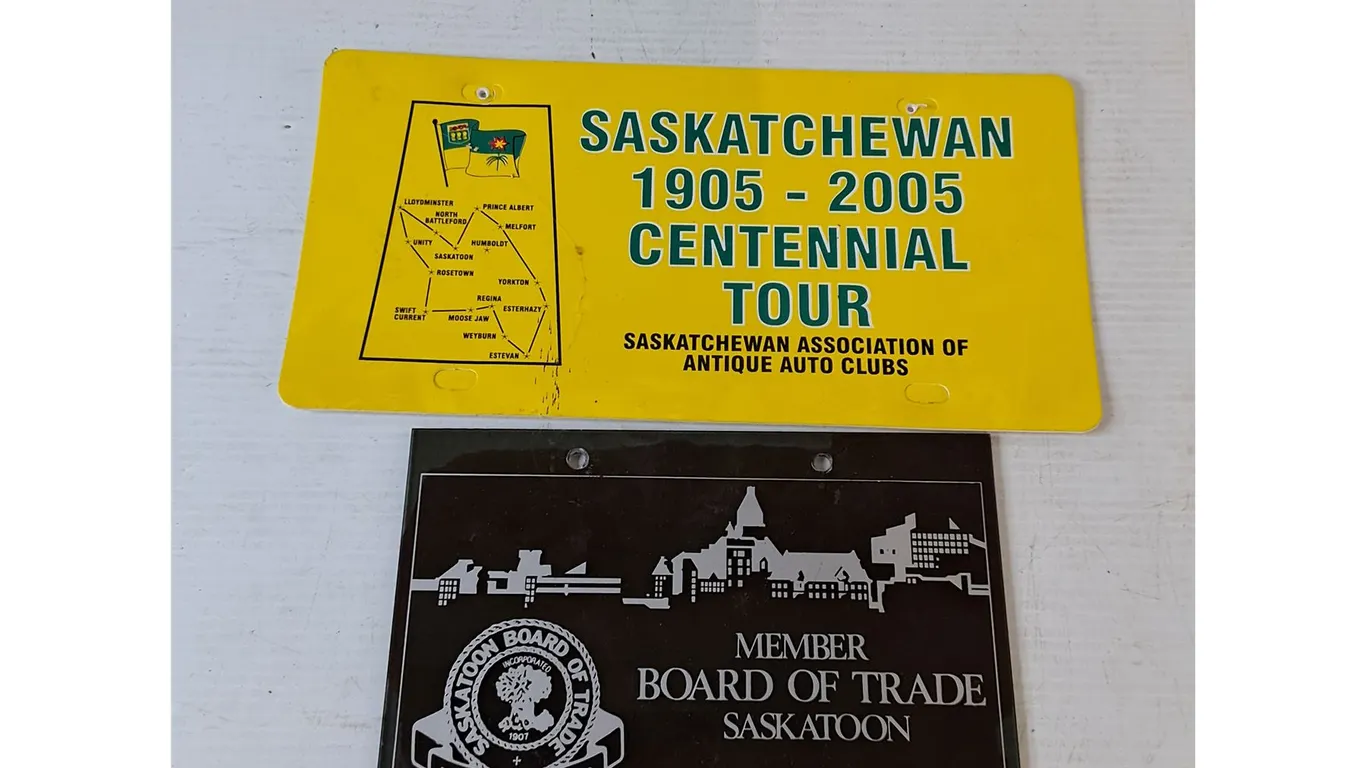 License Plate and Sign, Saskatchewan Centennial Tour, Board Member of Trade Saskatoon