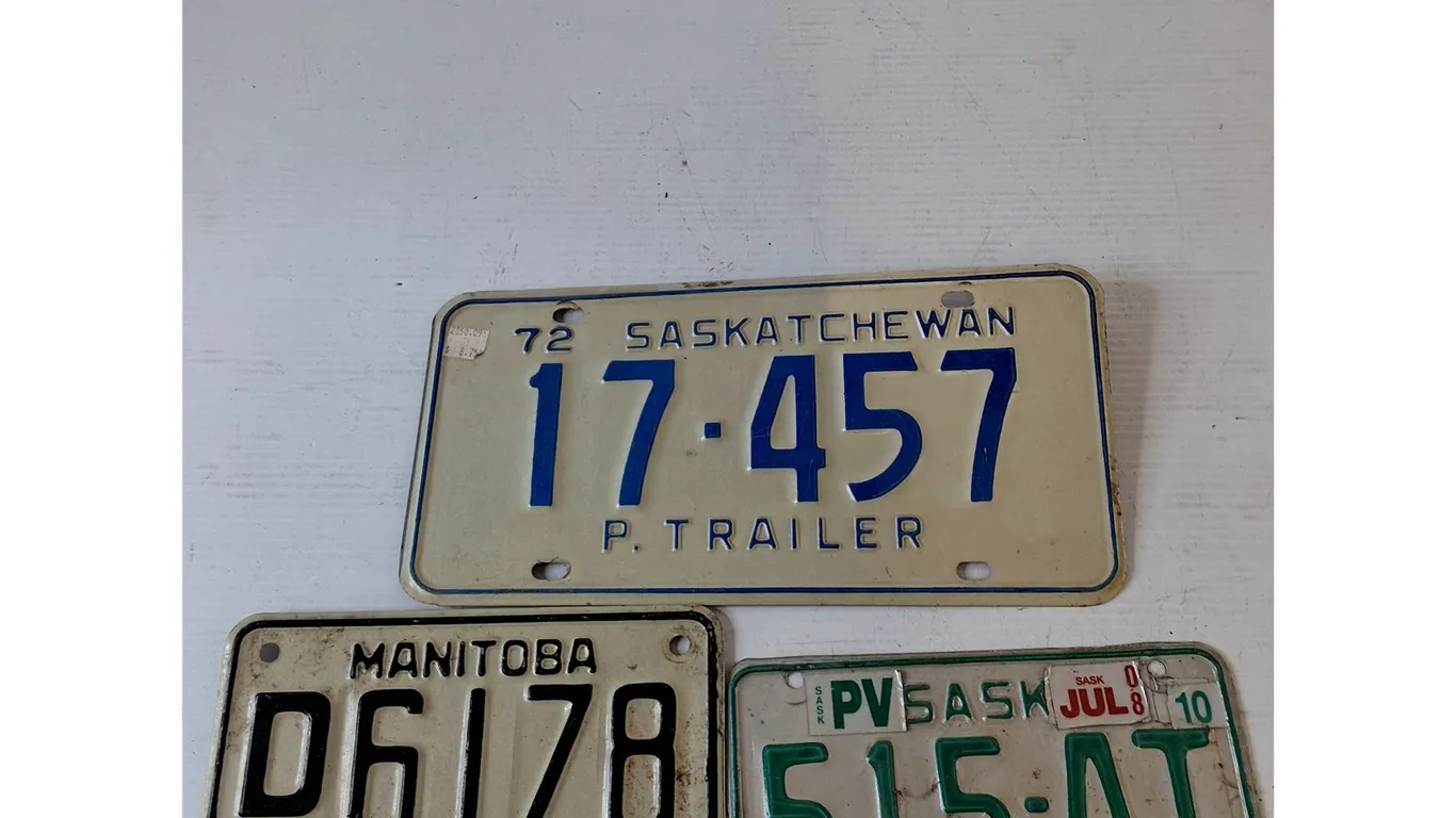 (3) License Plates, Saskatchewan 1972 Trailer, Bike Plate 2010, Manitoba Trailer 1971