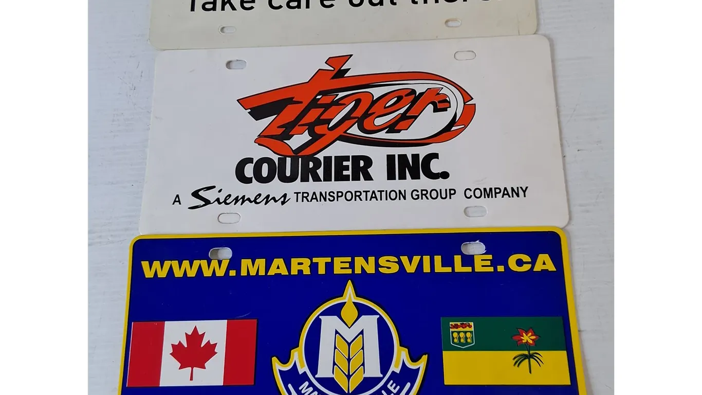 (3) License Plates, Martensville Centennial, Tiger Courier, SGI