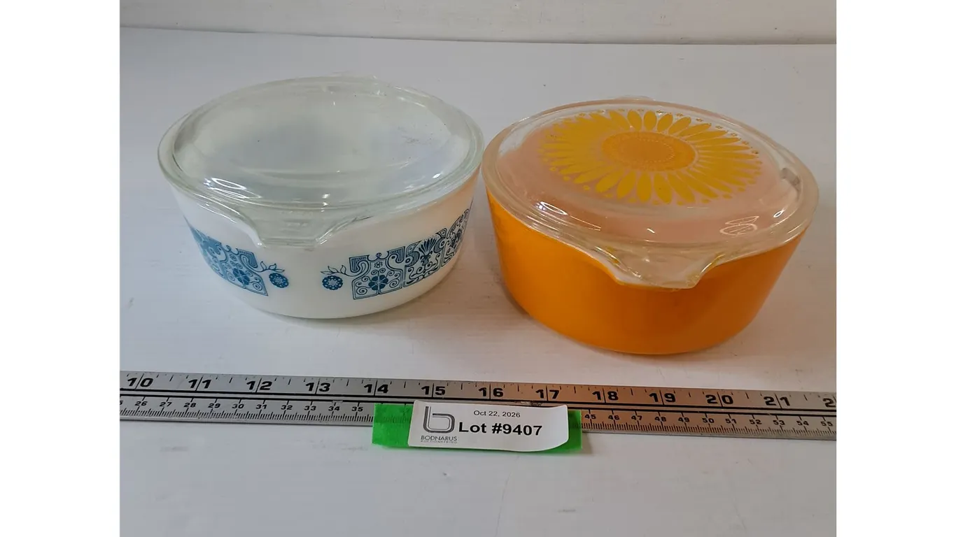 (2) Pyrex Handled Casserole Dishes with Chipped Lids, Blue/White and Sunflower