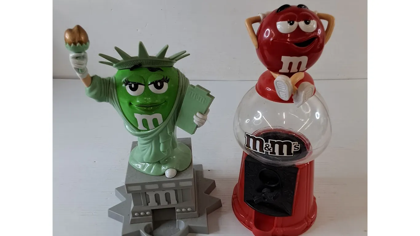 Green M&M Statue of Liberty and Red M&M Gumball Machine Dispensers