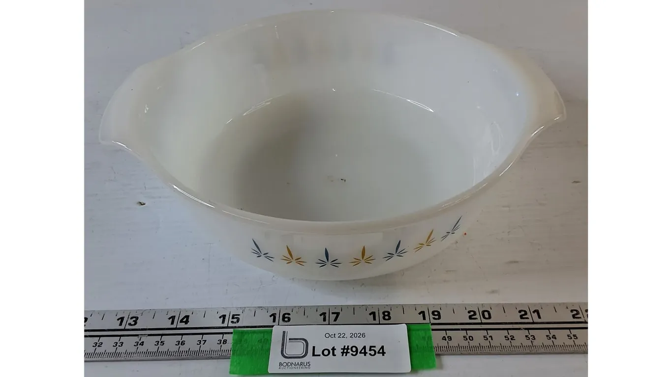 White Fire King Casserole Dish with Blue and Yellow Floral Accents
