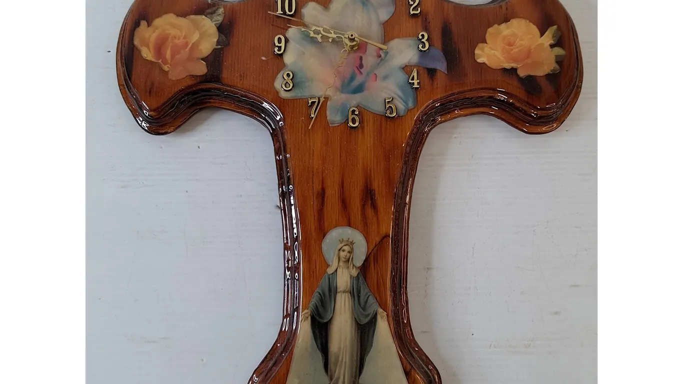 Christian Religious Clock with Wooden Cross Body and Religious Iconography Untested As-Is