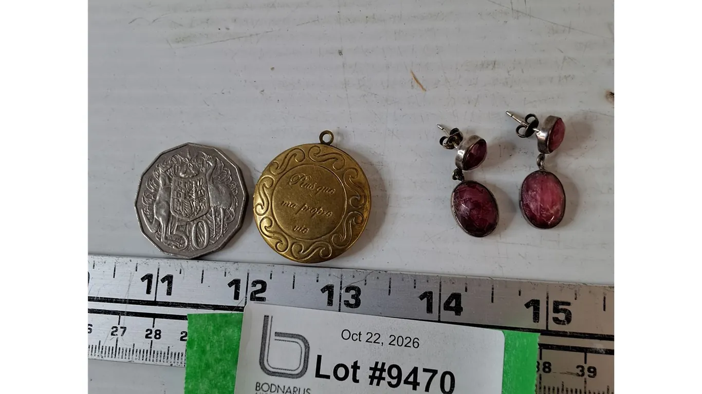 Pair of Earrings, Metal Locket with "More Than My Own Life" French Inscription, Australian 50p Coin