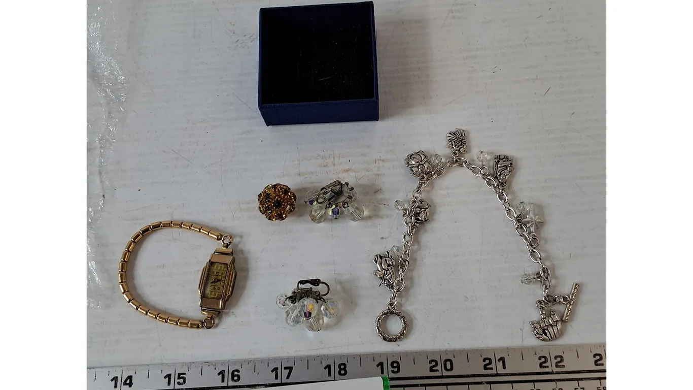 Small Jeffrey Watch Untested, (2) Globe Earrings, (1) Charm Wristband, Circular Jeweled Bauble