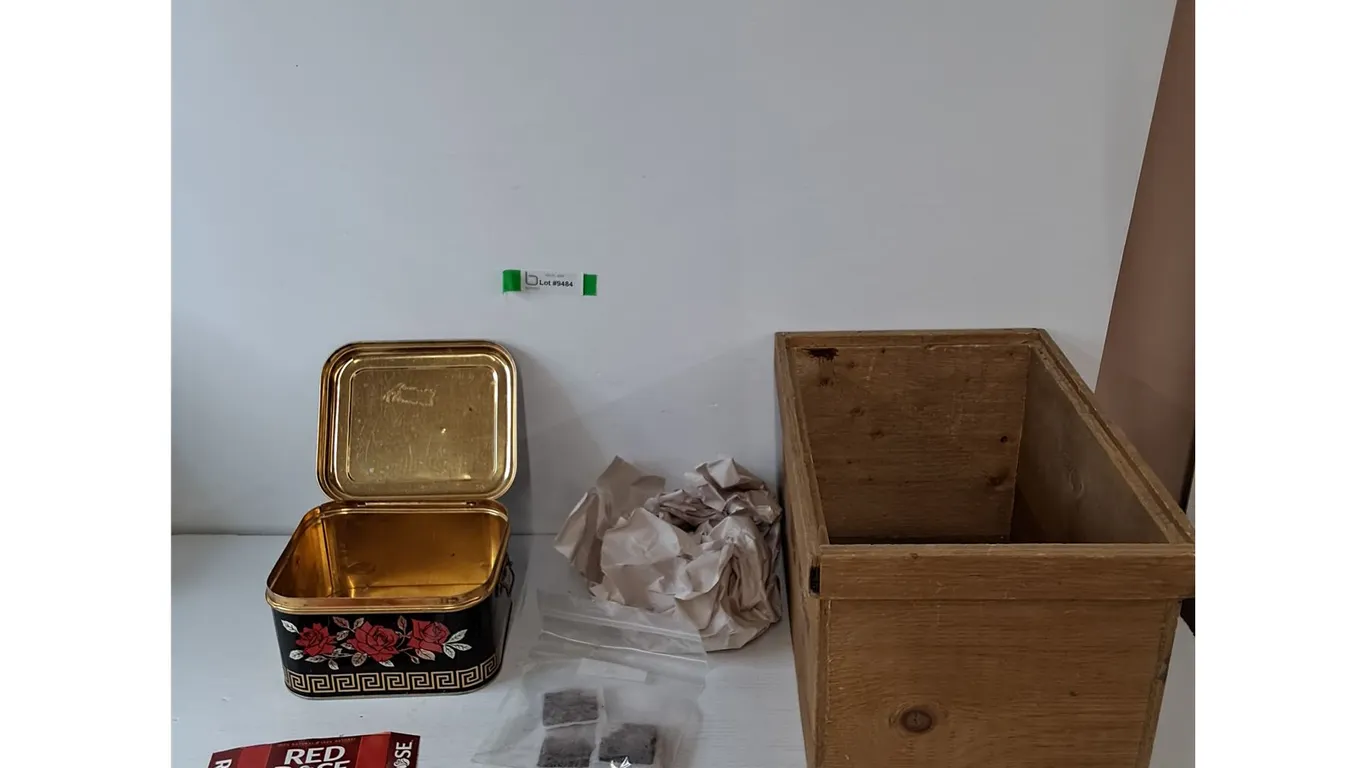(2) Purple Artifical Feathers, (9) Tea Bags, Tea Tin Container and Wooden Box
