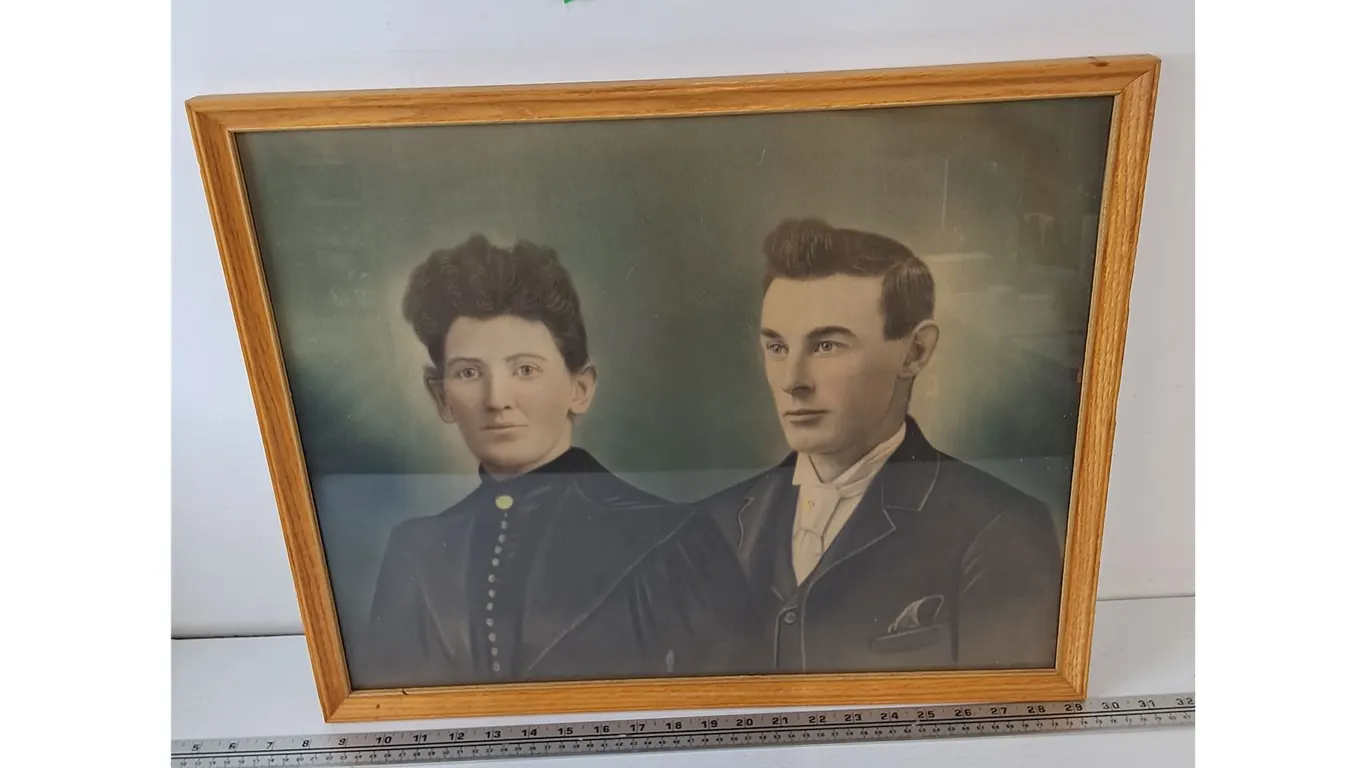 Framed Drawn Picture of Man & Woman, March 1898 21 1/4" x 17 1/4"