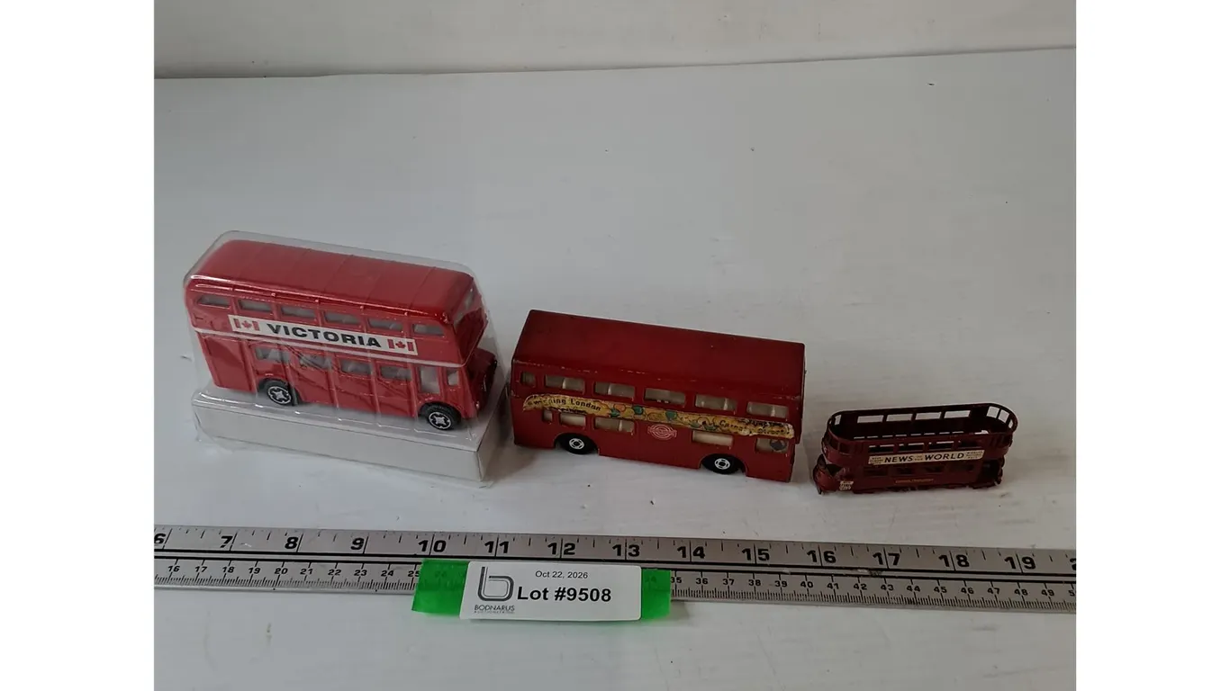 (3) Scale Model Double Decker Busses, (1) Canadian, (2) British by Matchbox and Lesney As-Is