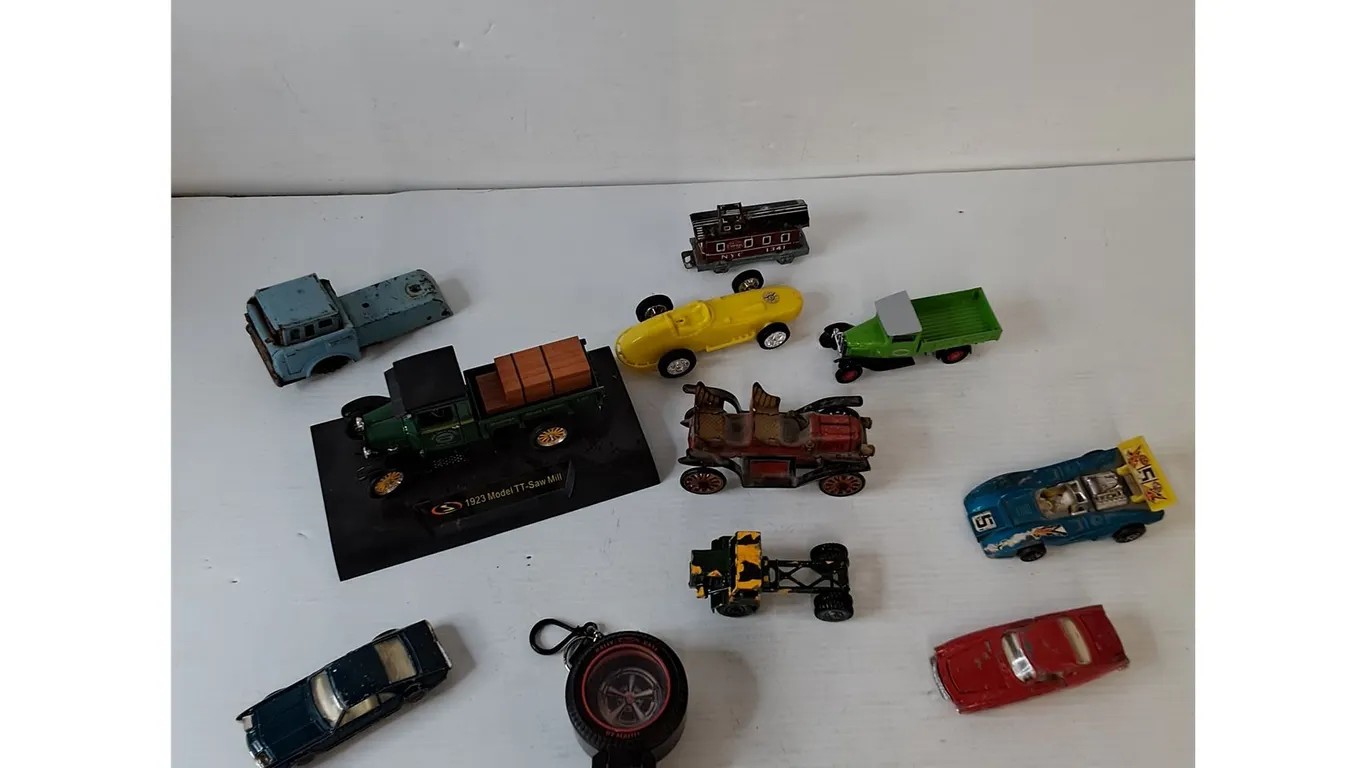 Assorted Scale Model Toy Cars and Trucks by Corgi, Matchbox, Mattel, Dinky Toys, Model TT Statue