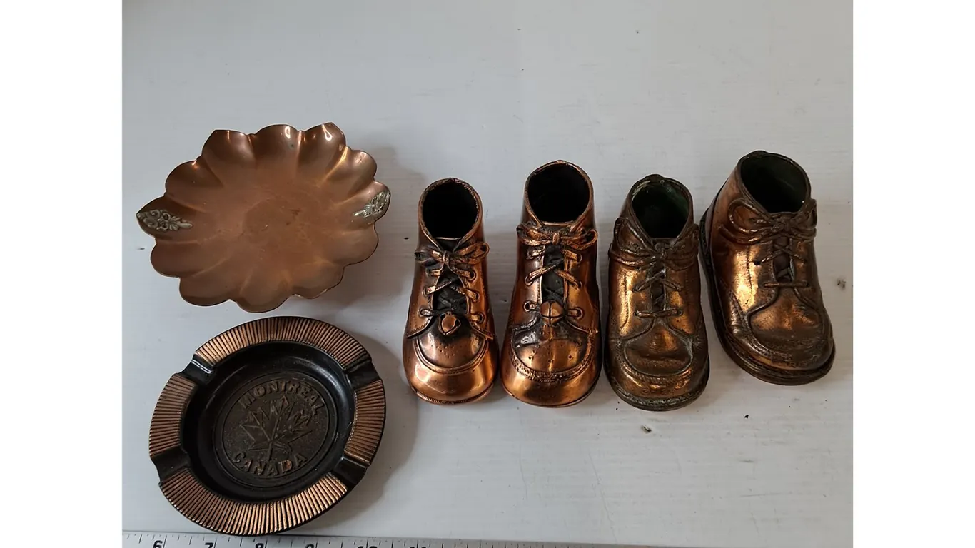(2) Pairs of Copper Plated Baby Shows, Montreal Ashtray and Ashtray Stand