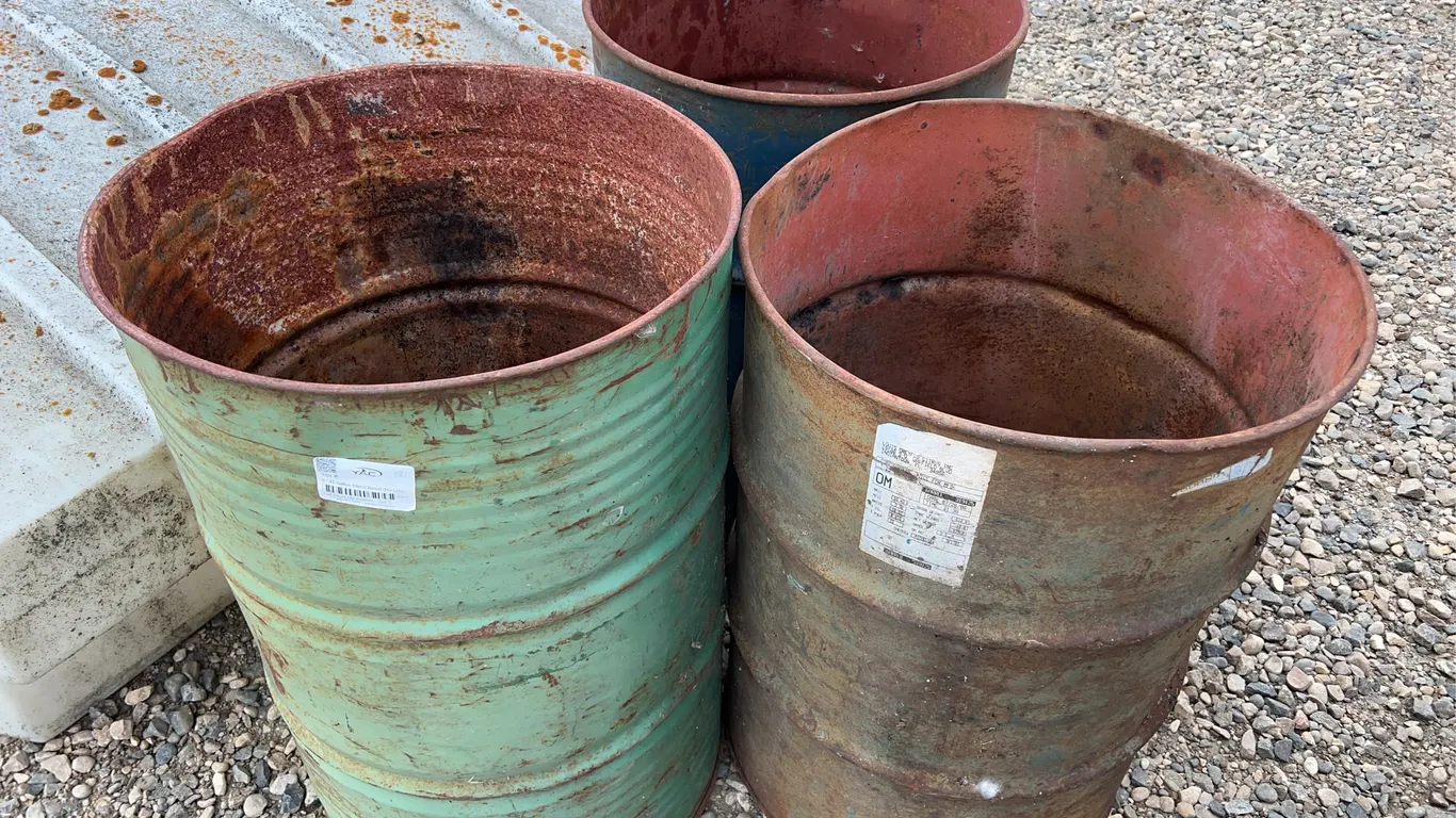 3 - 45 Gallon Metal Barrels (No Lids)