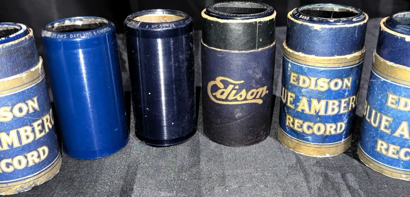 Six Edison Blue Amber Records Cylinders Early 1900s, Various Titles and Performers