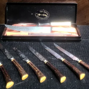 Jonathan Crookes Sheffield Carving Set With 6 Stag Handle Steak Knives In Box