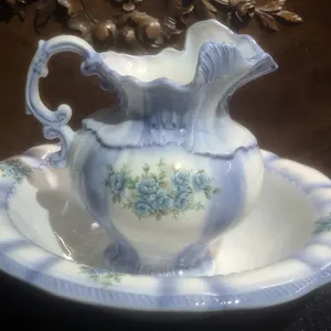 Ernest Large Wash Basin and Pitcher Set Blue Floral Ceramic Marked 1915