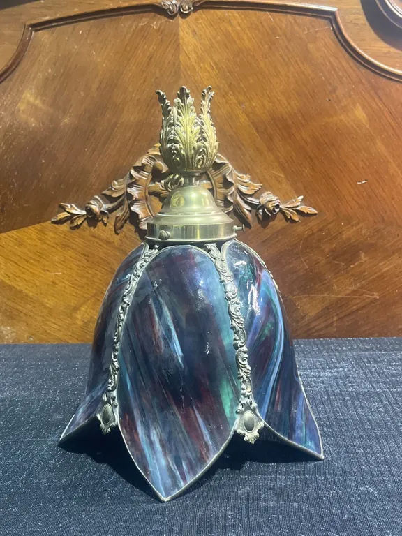 Stained Glass and Brass Hanging Lamp Fixture with Ornate Detailing, 22 Inches Tall
