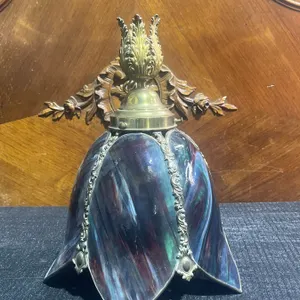 Stained Glass and Brass Hanging Lamp Fixture with Ornate Detailing, 22 Inches Tall