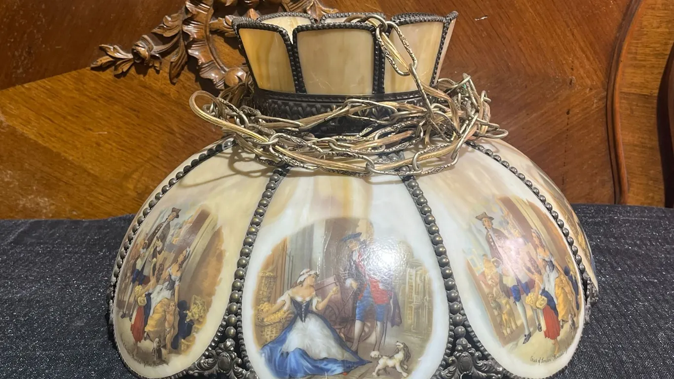 Lotus-Style 16 Inch Wide Slag Glass Hanging Lamp With Decorative Metal and London Scenes