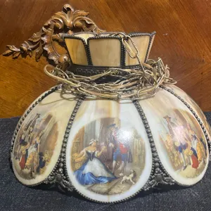 Lotus-Style 16 Inch Wide Slag Glass Hanging Lamp With Decorative Metal and London Scenes