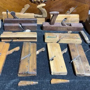 Antique Wooden Woodworking Planes, Mallet, and Bevel Gauge Assortment