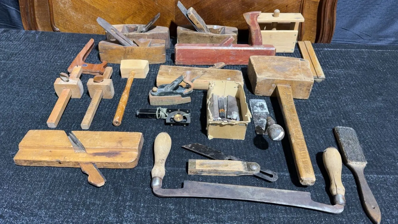 Vintage Woodworking Hand Tools Including Planes, Mallets, Marking Gauges, and Rulers