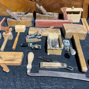 Vintage Woodworking Hand Tools Including Planes, Mallets, Marking Gauges, and Rulers