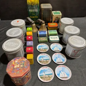 Vintage Canadian Tins, Unopened Nabob Olive Oil, Nova Scotia Coasters