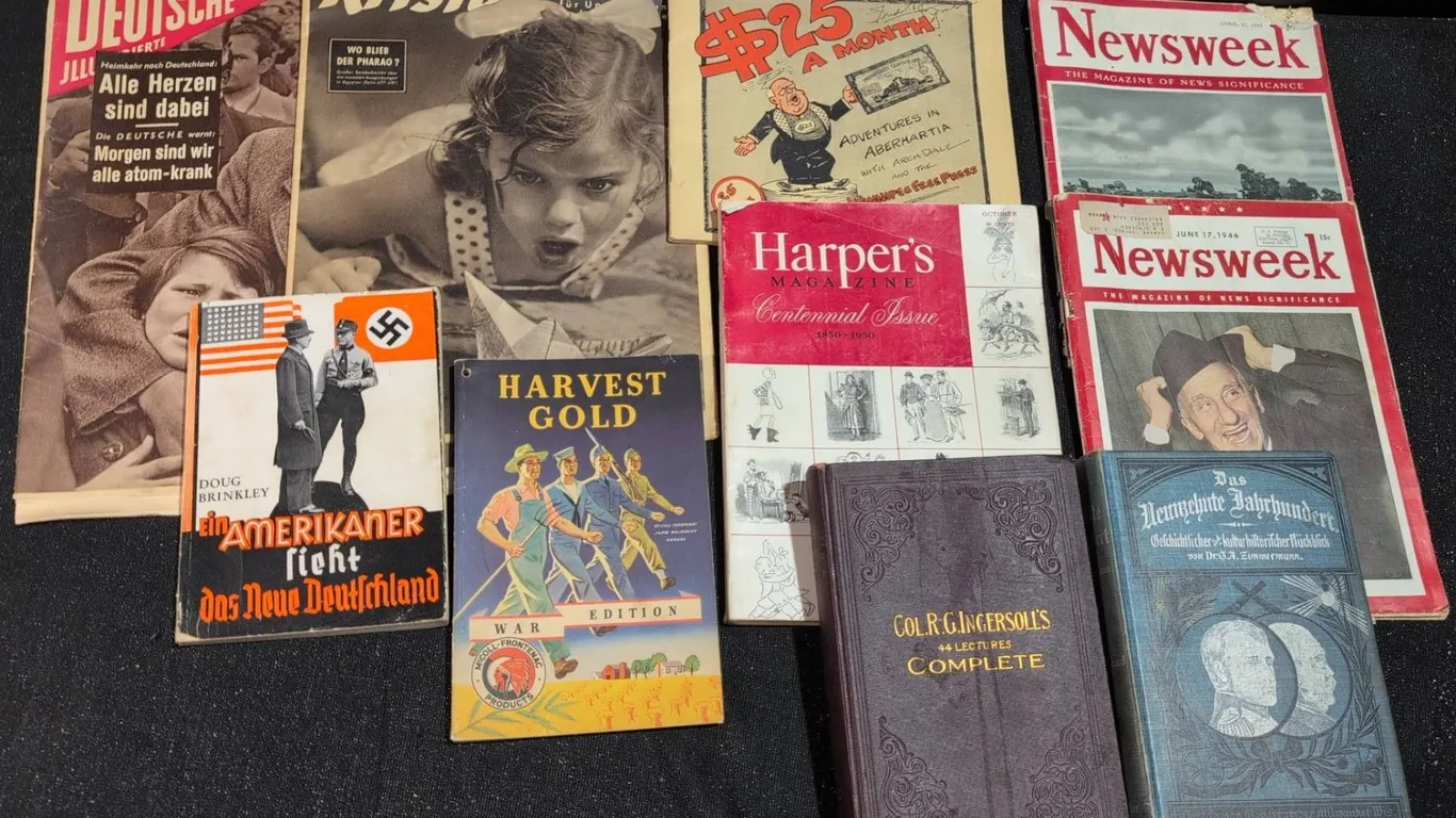 Vintage Magazines and Books Including Newsweek, Kristall, Harper's, German Volumes