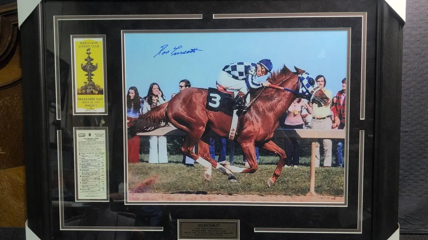 Framed Secretariat Preakness Stakes Photo Signed by Ron Turcotte with COA