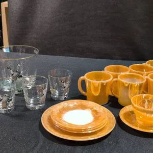 Lot Fire-King Peach Lustreware and Duck Motif Glassware Set