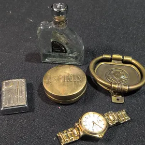 Lot: Enicar Watch, Brass Aspirin Tin, Zippo Lighter, Drawer Pull, Aha Toro Bottle