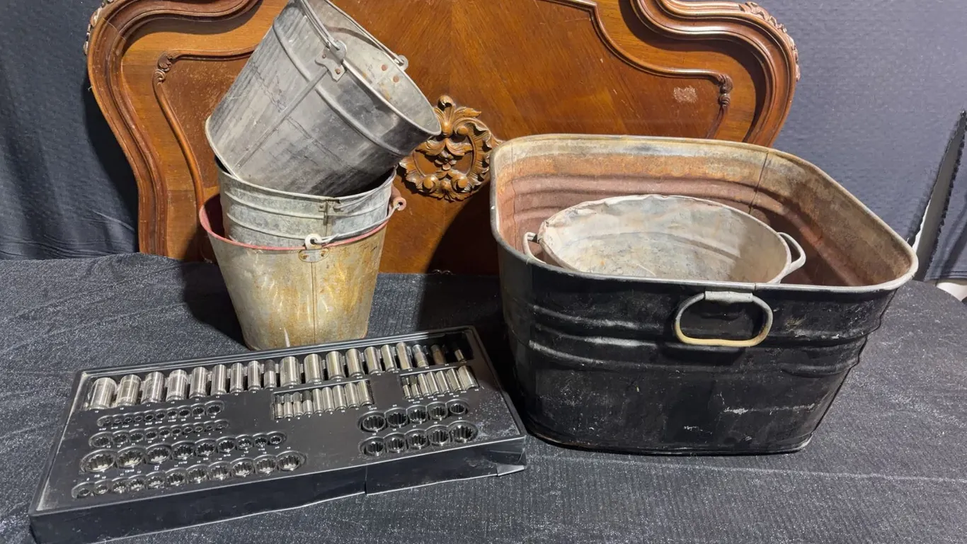 Vintage Metal Buckets and Bin with Mixed Socket Wrench Set
