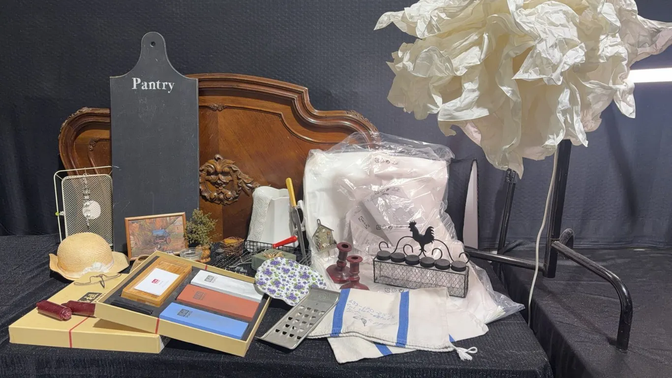Household Decor and Kitchen Lot With Lamp, Cutting Board, Knife Set, and Candlesticks