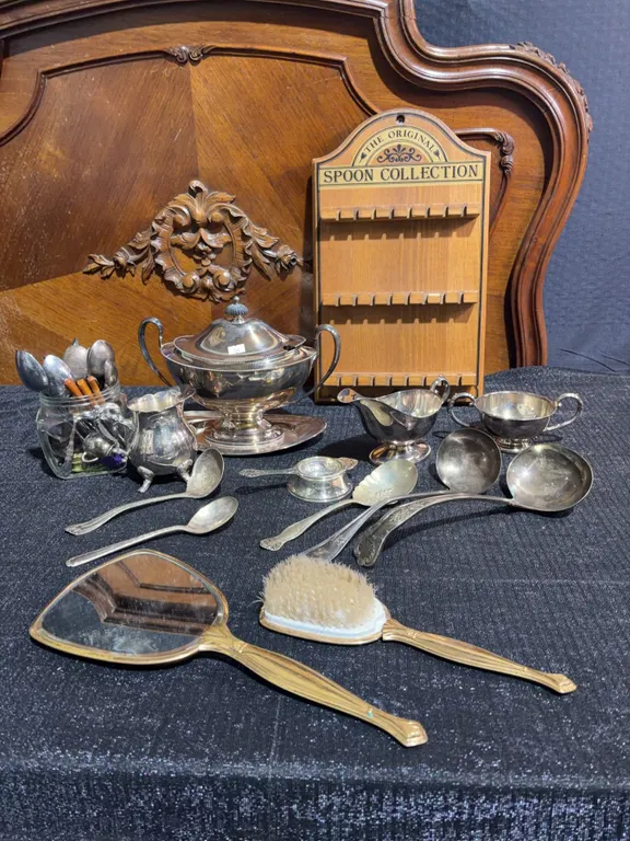 Silverplate Flatware, Tableware, Vanity Set, Spoon Rack, and Floor Lamp Lot