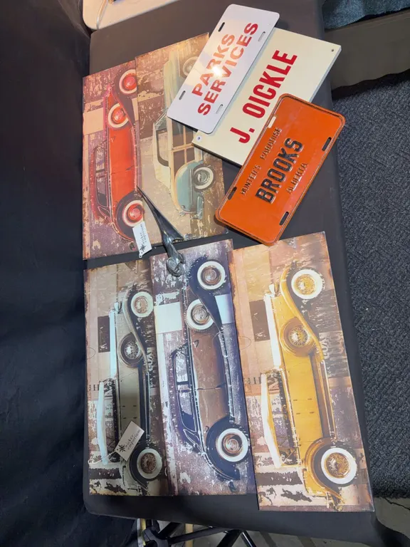 Automobile Art Prints, Vintage Style Plates, and Metal Car Hood Ornament Collection