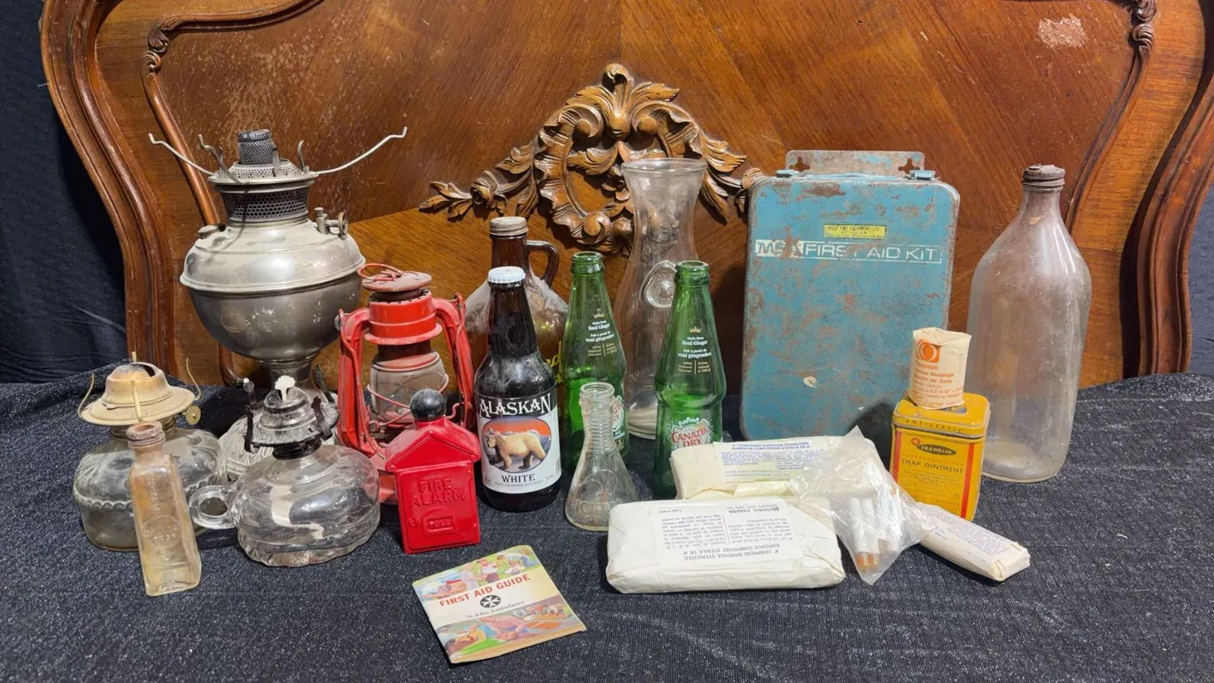 Vintage Bottles, Oil Lamps, and Metal Industrial First Aid Kit Collection