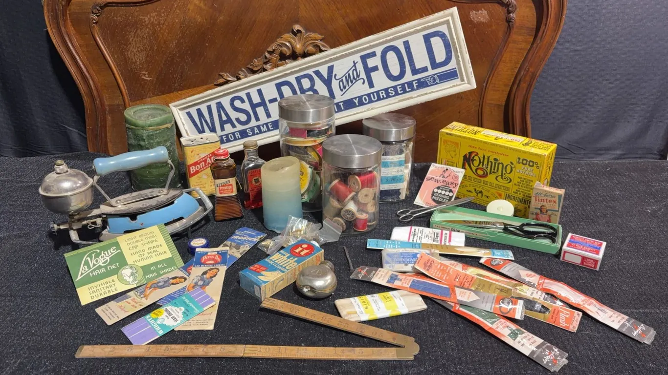 Large Lot Vintage Laundry, Sewing Tools, Spools, Notions, Wash-Dry-Fold Sign