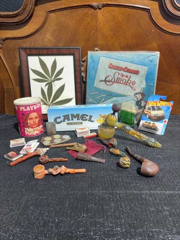 Eclectic Smoking Memorabilia Lot with Pipes, Cheech & Chong LP, Camel Tin, Collectibles