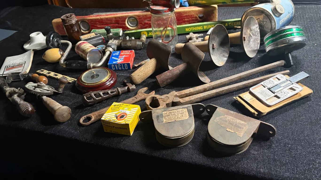 Vintage Tools, John Deere Level, Dodge Emblem, Carborundum File